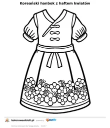 Koreański hanbok z haftem kwiatów — kolorowanka do wydruku dla dzieci