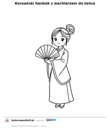 Koreański hanbok z wachlarzem do tańca — kolorowanka do wydruku dla dzieci