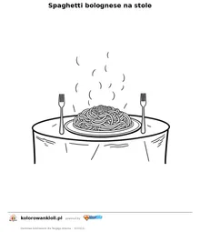 Spaghetti bolognese na stole — kolorowanka do wydruku dla dzieci