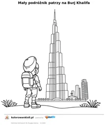 Maly podroznik patrzy na Burj Khalifa — kolorowanka do wydruku dla dzieci