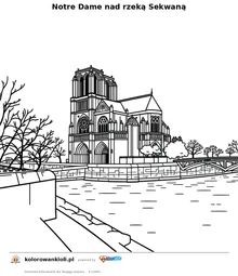 Notre Dame nad rzeka Sekwana — kolorowanka do wydruku dla dzieci