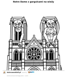 Notre Dame z gargulcami na wiezy — kolorowanka do wydruku dla dzieci
