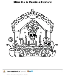 Oltarz Dia de Muertos z kwiatami — kolorowanka do wydruku dla dzieci