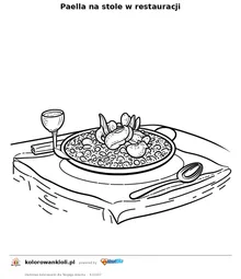 Paella na stole w restauracji — kolorowanka do wydruku dla dzieci