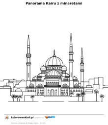 Panorama Kairu z minaretami — kolorowanka do wydruku dla dzieci