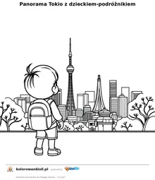 Panorama Tokio z dzieckiem-podroznikiem — kolorowanka do wydruku dla dzieci