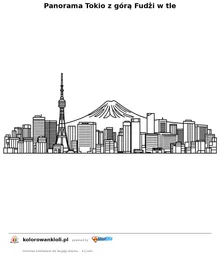 Panorama Tokio z gora Fudzi w tle — kolorowanka do wydruku dla dzieci