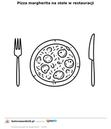 Pizza margherita na stole w restauracji — kolorowanka do wydruku dla dzieci