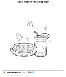 Pizza margherita z napojem — kolorowanka do wydruku dla dzieci