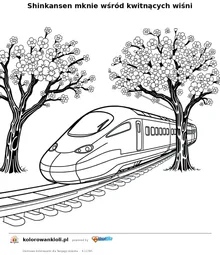 Shinkansen mknie wśród kwitnących wiśni — kolorowanka do wydruku dla dzieci