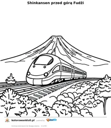 Shinkansen przed górą Fudżi — kolorowanka do wydruku dla dzieci