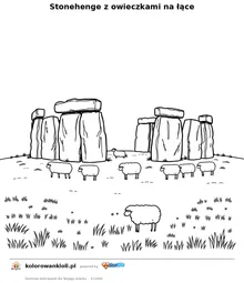 Stonehenge z owieczkami na lace — kolorowanka do wydruku dla dzieci