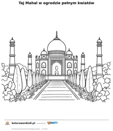 Taj Mahal w ogrodzie pelnym kwiatow — kolorowanka do wydruku dla dzieci