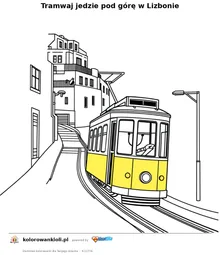 Tramwaj jedzie pod górę w Lizbonie — kolorowanka do wydruku dla dzieci