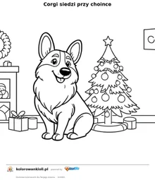 Corgi siedzi przy choince — kolorowanka do wydruku dla dzieci