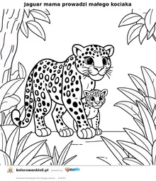 Jaguar mama prowadzi małego kociaka — kolorowanka do wydruku dla dzieci