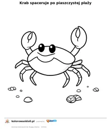 Krab spaceruje po piaszczystej plaży — kolorowanka do wydruku dla dzieci