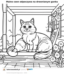 Maine coon odpoczywa na drewnianym ganku — kolorowanka do wydruku dla dzieci