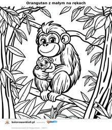 Orangutan z małym na rękach — kolorowanka do wydruku dla dzieci