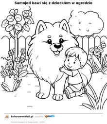 Samojed bawi się z dzieckiem w ogrodzie — kolorowanka do wydruku dla dzieci