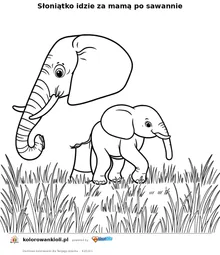 Słoniątko idzie za mamą po sawannie — kolorowanka do wydruku dla dzieci