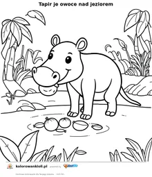 Tapir je owoce nad jeziorem — kolorowanka do wydruku dla dzieci